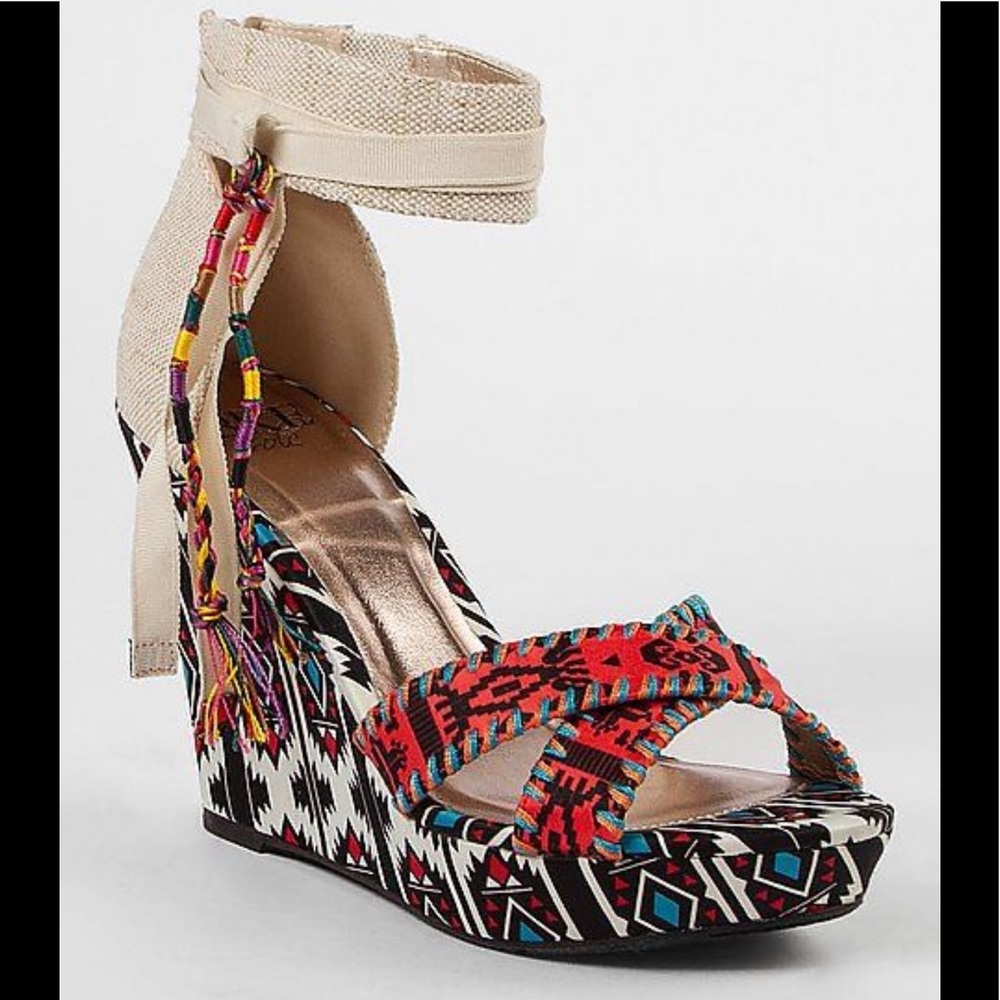 BKE Red Multicolor Aztec Wedge Sandals with Beige Ankle Wrap